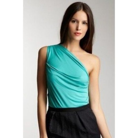 ELIE TAHARI KNIT One Shoulder TOP Harbor TEAL Green BLOUSE  L $135 - Picture 1 of 1